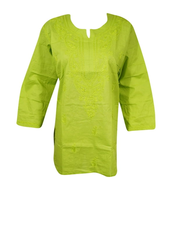 Green Cotton Tunic, Embroidery Cotton Top -M