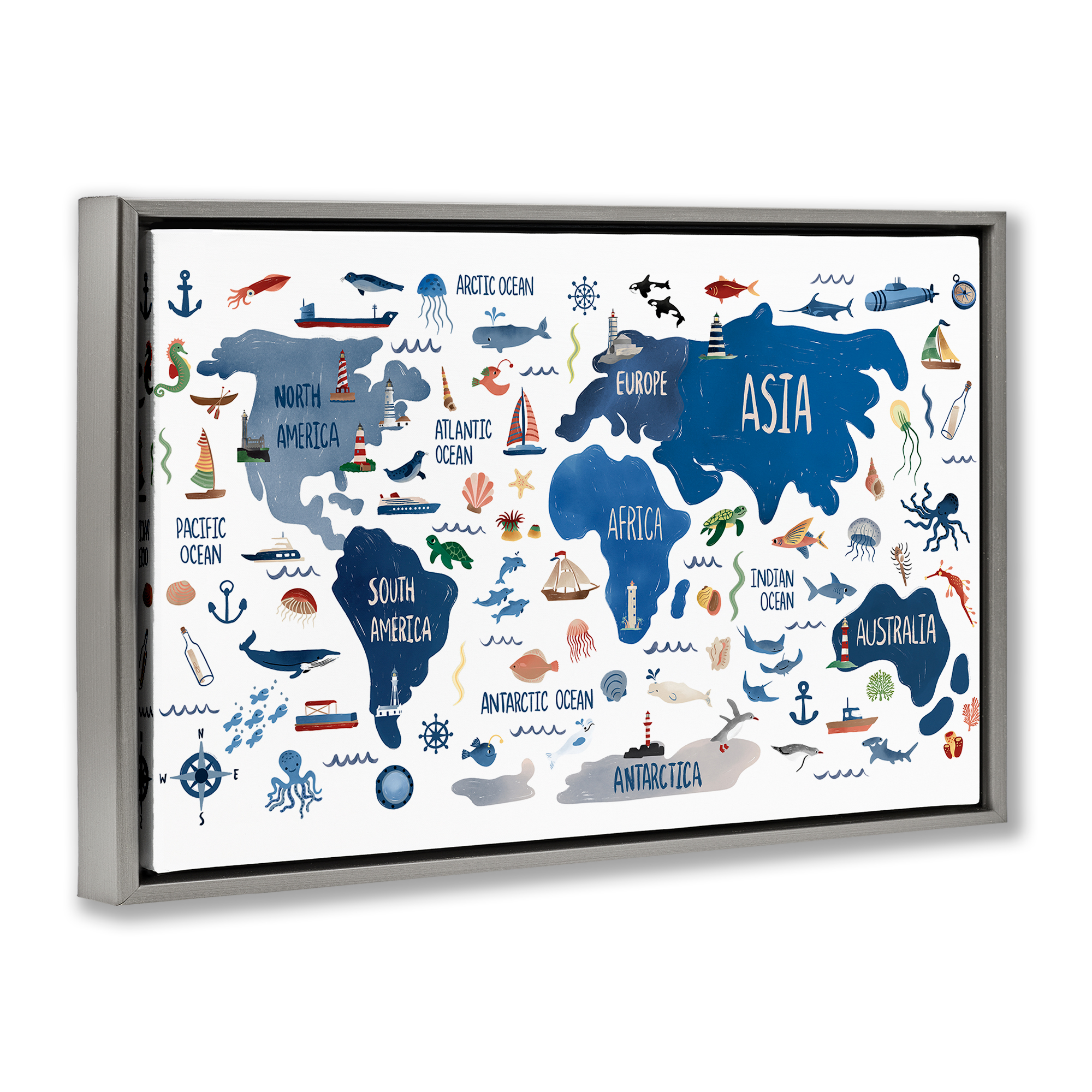 Stupell Industries Nautical Themed Map Town & City Painting Gray Floater Framed Art Print Wall Art, 31 x 21