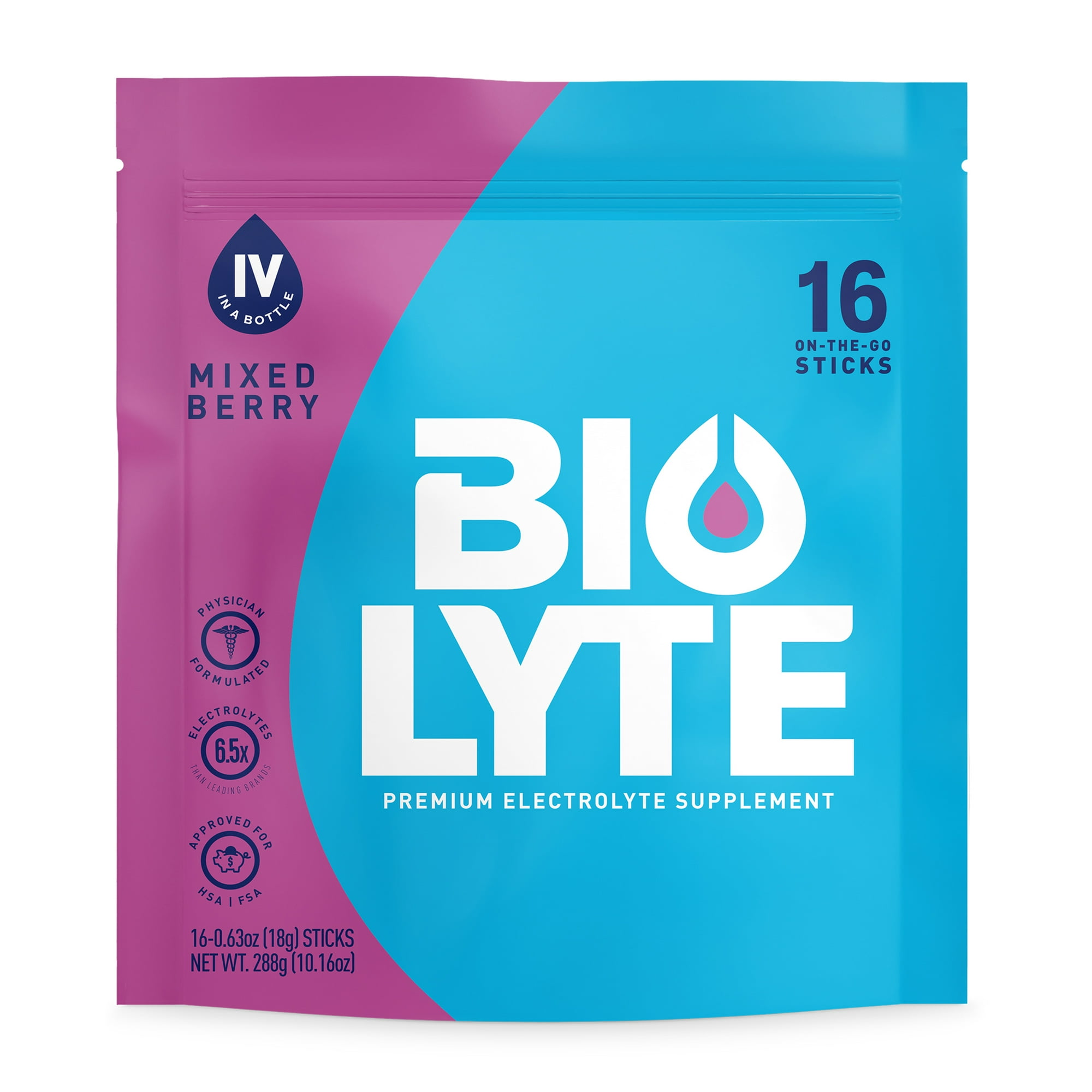 BIOLYTE Electrolyte Powder Packet Drink Mix for Rapid Hydration, Mixed Berry, 16 pack