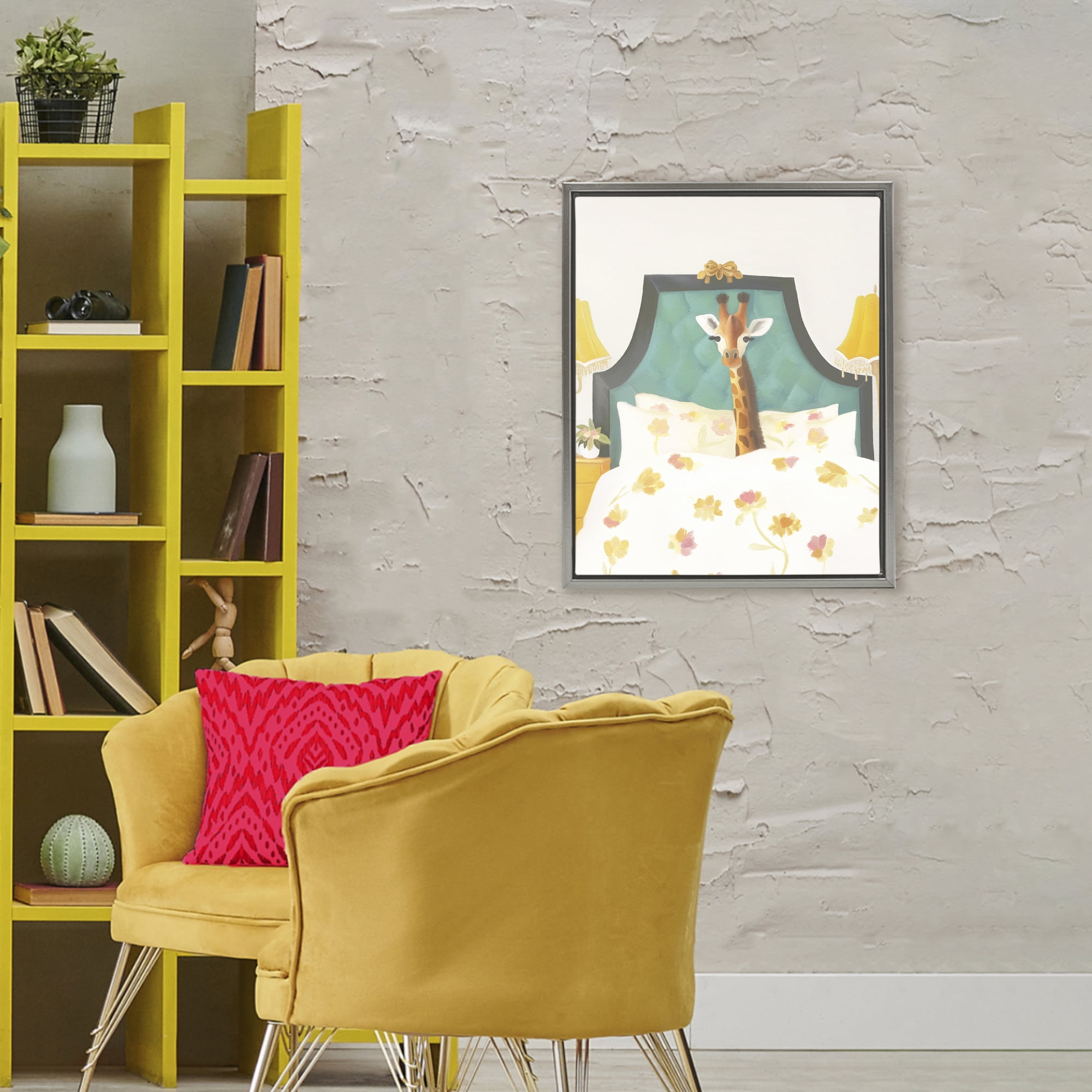 Good Morning Giraffe in Bed Gray Framed Floater Canvas Wall Art, design by Leah Straatsma