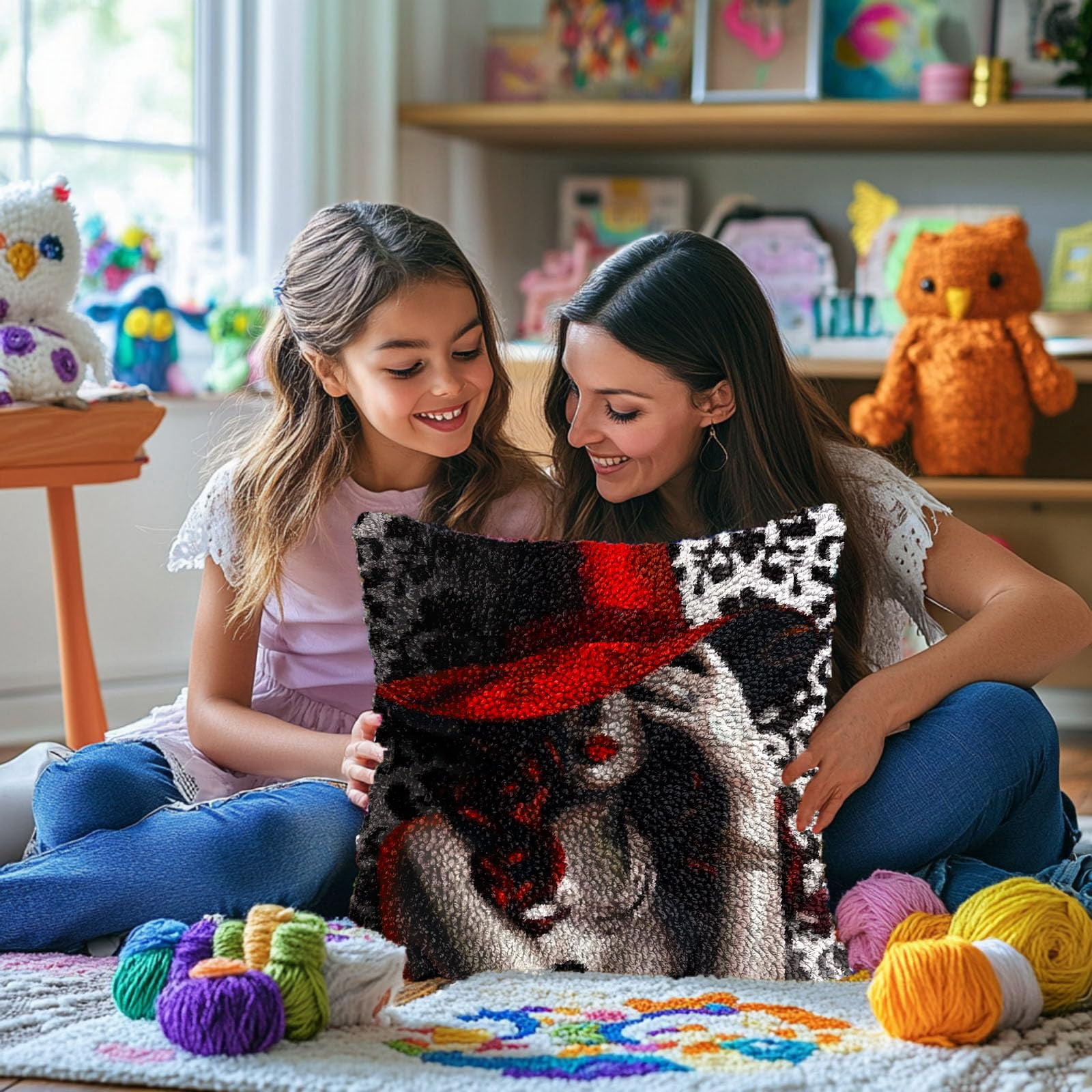 Woman with Red Hat DIY Latch Hook Pillow Kits for Adults Printed Pillowcase Crochet Yarns Hooking Handmade Pillow Cover Cushion for Home Sofa Decoration 17x17inch