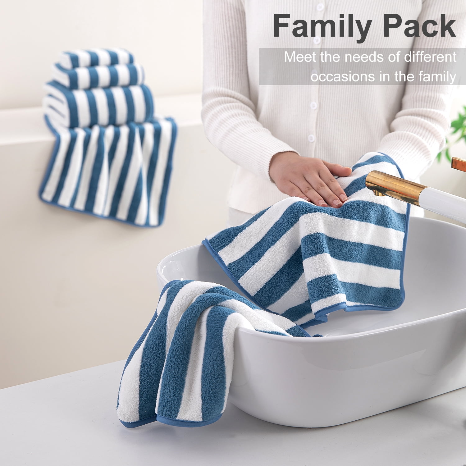 Smuge 12 Pcs Stripe Family Bath Towels Set - 4 Bath Sheet Towels, 4 Hand Towels, 4 Washcloths, Microfiber Soft Shower Towel for Bathroom Gym Spa(Blueberry)