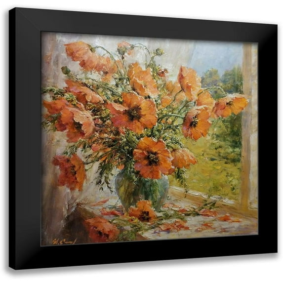 Smirnov, Igor 12x12 Black Modern Framed Museum Art Print Titled - Red Poppies on the Window
