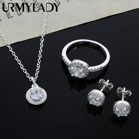 925 Sterling silver Cute Solid gift noble fashion elegant women shiny crystal CZ necklace earring ring jewelry Set