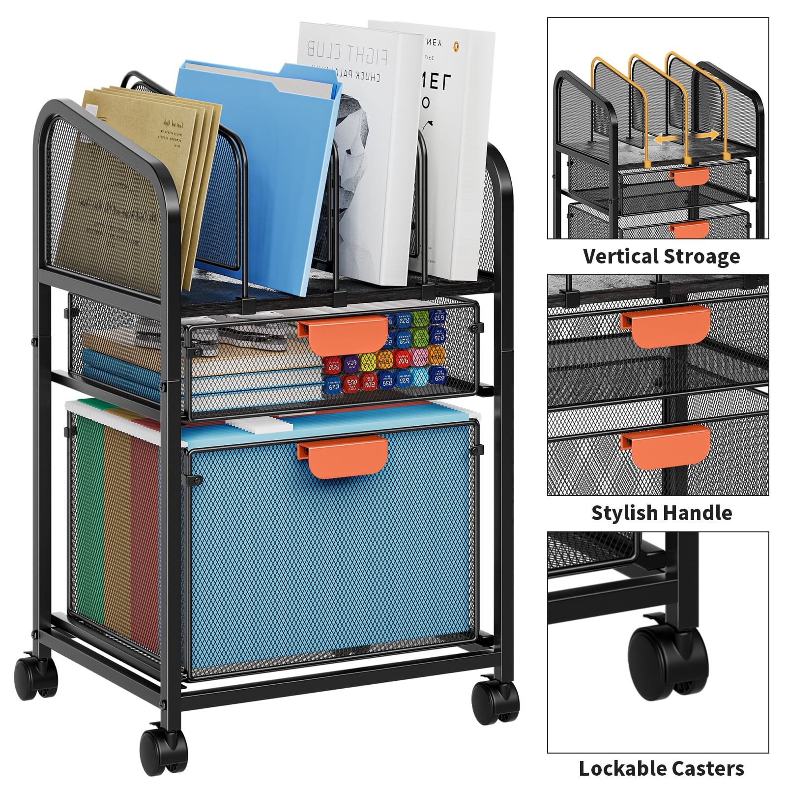 Marbrasse Rolling File Cart with 2 Drawers – Metal Moving Storage Cabinet, 3-Tier Mesh Office Organizer with Lockable Casters, Black Mobile File Organizer for Home, Office