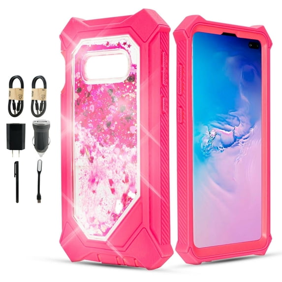 Value Pack ! for Samsung Galaxy S10 Plus HD Glass and Full Protection Hard TPU Liquid Glitter Bling Sparkling Cute Woman Girl Case Phone Case PU Shock Bumper Scratch Guard Skin Wrap Slim Cover