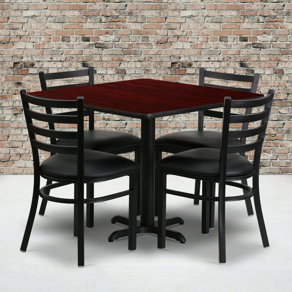 Emma Oliver 5-Piece Dining Table Set, 36" Square Mahogany Table & 4 Black Ladder Back Chairs