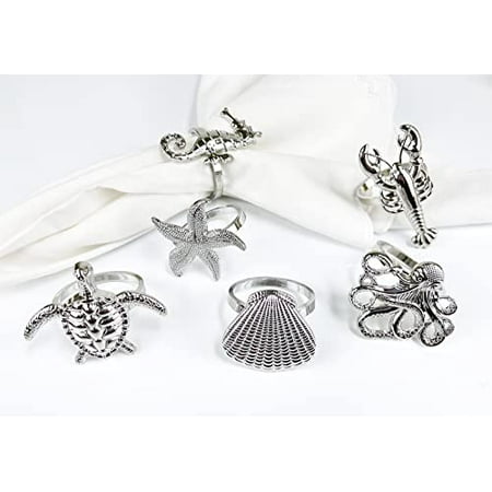 

Fennco Styles Coastal Sea Creatures Metal Napkin Rings Set of 6 - Silver Nautical Sea Life Napkin Holders for Home Décor Dining Table Banquets Family Gathering and Special Occasions