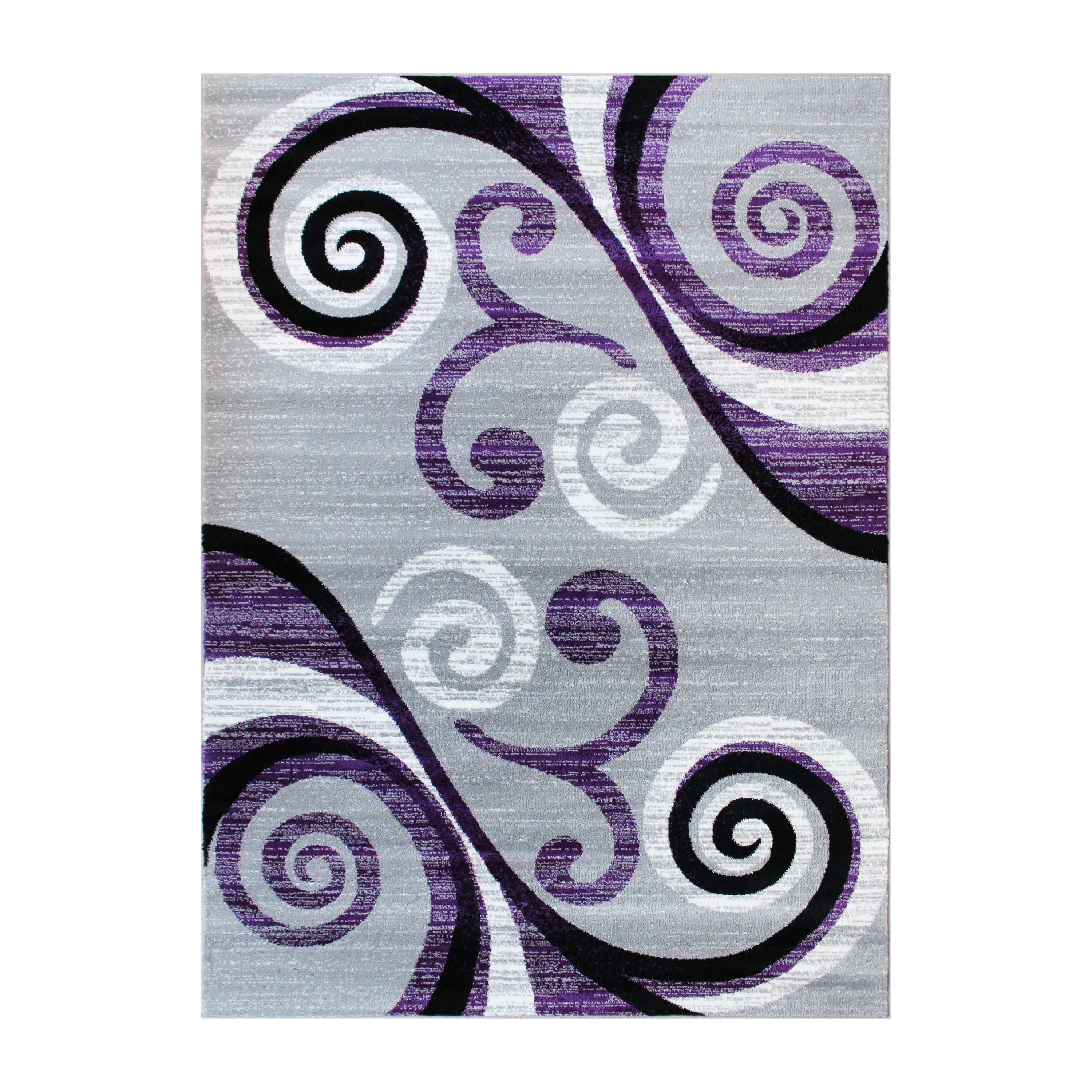 Emma + Oliver 5x7 Scraped Look Ultra Soft Plush Pile Olefin Accent Rug in Purple, Gray, Black and White Swirl Pattern, Jute Backing