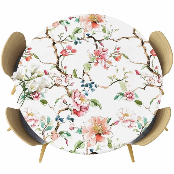 Pink Green Botanical Round Tablecloth, Fitted Table Cover with Elastic for 45"-54" Round Tables, Summer Watercolor Branch Flower Table Cloth Outdoor Indoor Dinning Party Waterproof Tablecloths