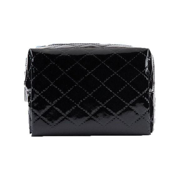 Portable For Girls Lattice Travel Wash Bag PU Leather Large Capacity Zipper Makeup Bag Korean Storage Bag Toiletry Bag Women Cosmetic Bag BLACK