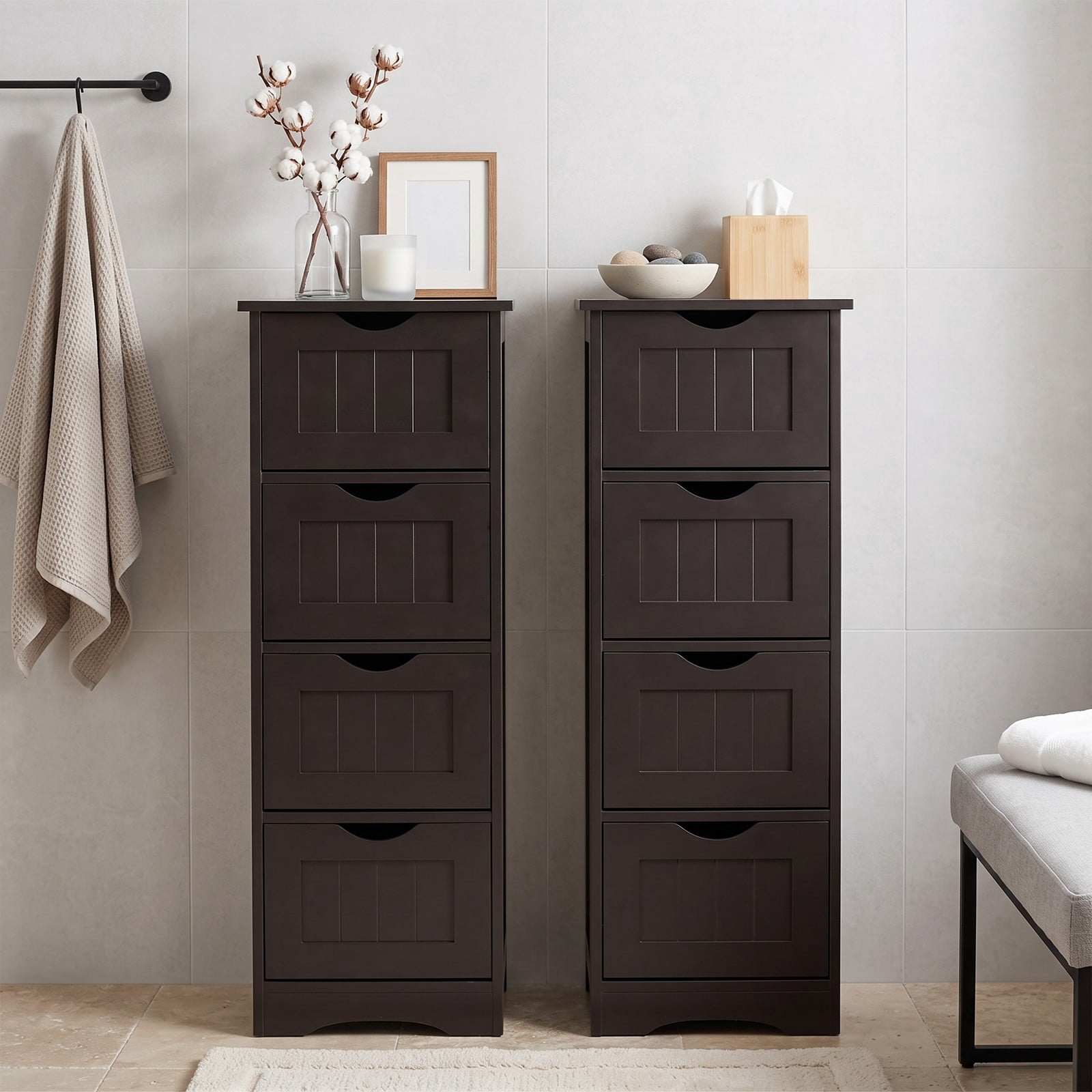 Fenbeli 4-Drawer Freestanding Floor Cabinet, Wooden Bathroom Storage Side Organizer with Anti-Toppling Device, Narrow Waterproof MDF Storage Tower for, Dark Brown