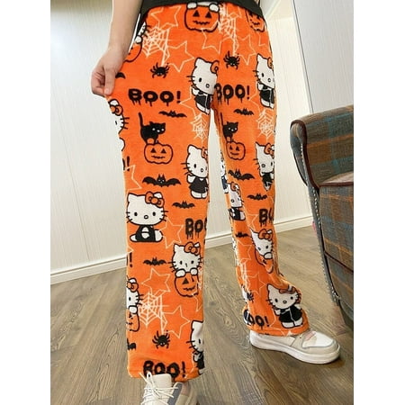 

New Sanrio Hello Kitty Pajamas Halloween Flannel Fashion Trouserswomen Kawaii Woolen Anime Cartoon Casual Home Soft Pants Autumn
