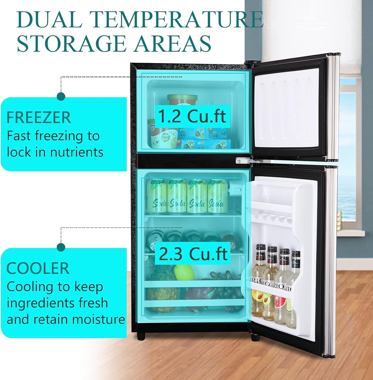 3.5 Cu.Ft Double Door Mini Fridge with Freezer, Compact Refrigerator with 7-Level Thermostat, Low Noise Energy Saving, Removable Glass Shelves, Silver