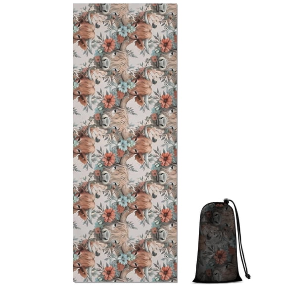 Lightgray Highland Cow Flower Pattern Hot Yoga Mat Towel Non Slip for Hot Yoga - Quick-Drying Yoga Mat Cover with 4 Corner Pockets with Travel Bag - Hot Yoga Towel Non Slip 70"x26"