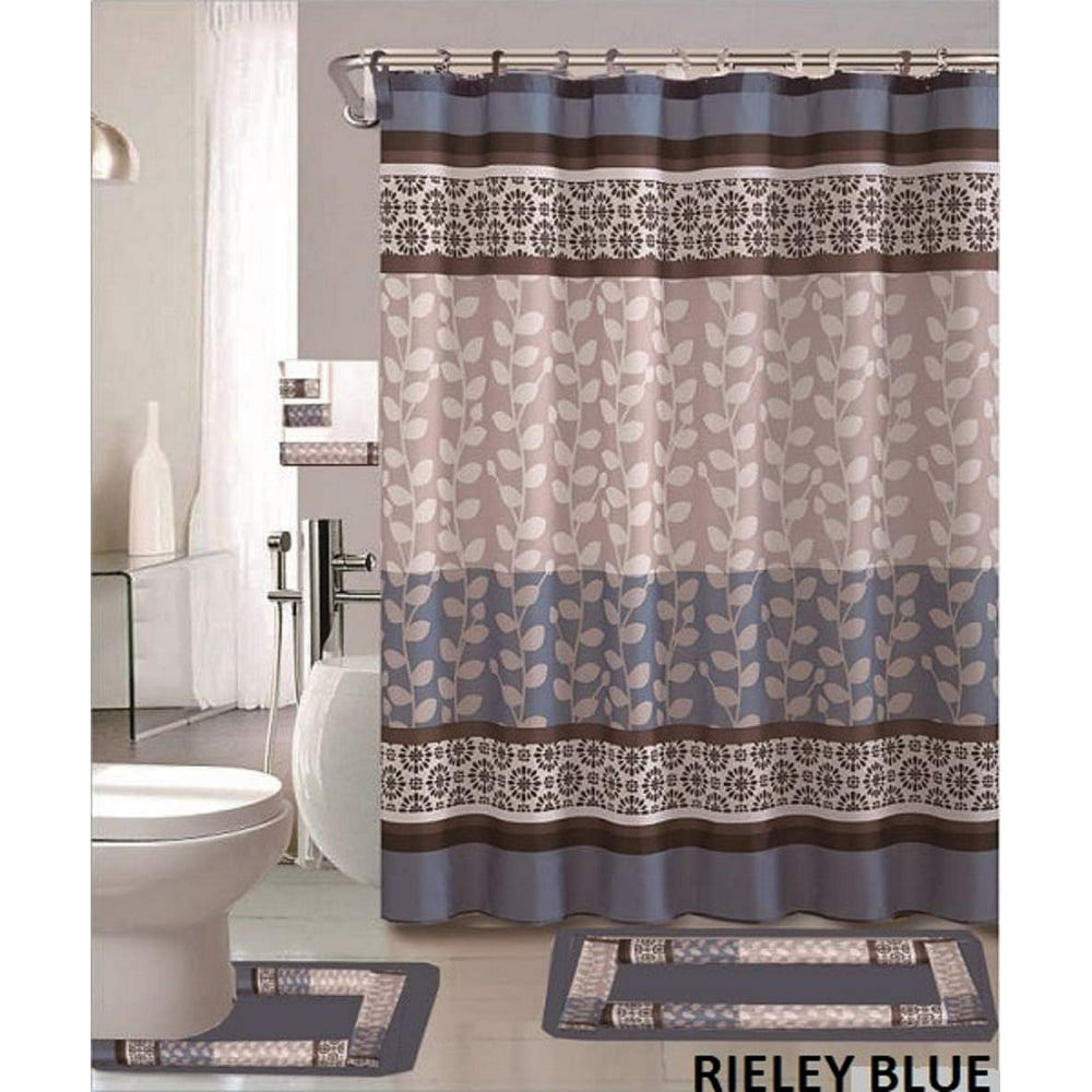Riely 18Piece Bathroom Set 2Rugs/mats, 1Fabric Shower Curtain, 12