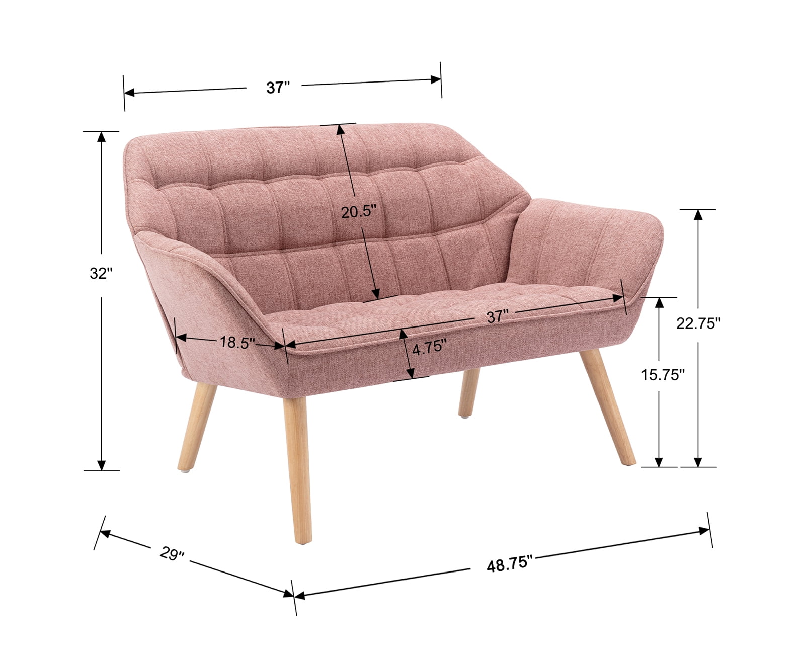 Guyou Small Loveseat Sofa, Modern Linen 2-Seater Mini Sofa Couch with Quilted Back and Armrests, Cute Accent Chair with Wooden Legs for Living Room Bedroom Apartment, Pink