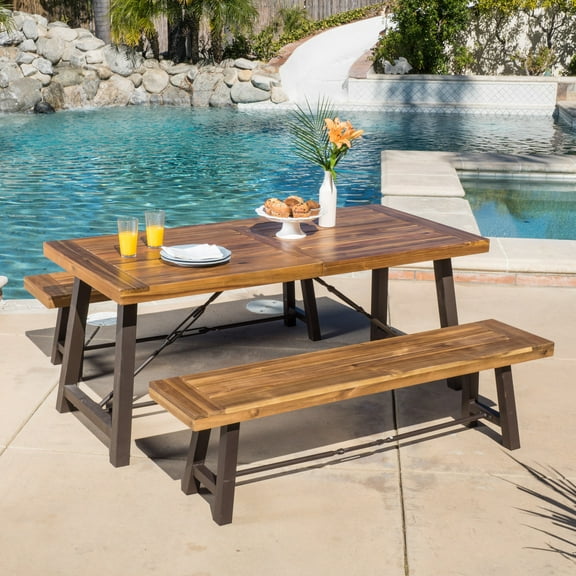 Davidson 3-Piece Outdoor Acacia Wood Picnic Dining Set, Teak Finish