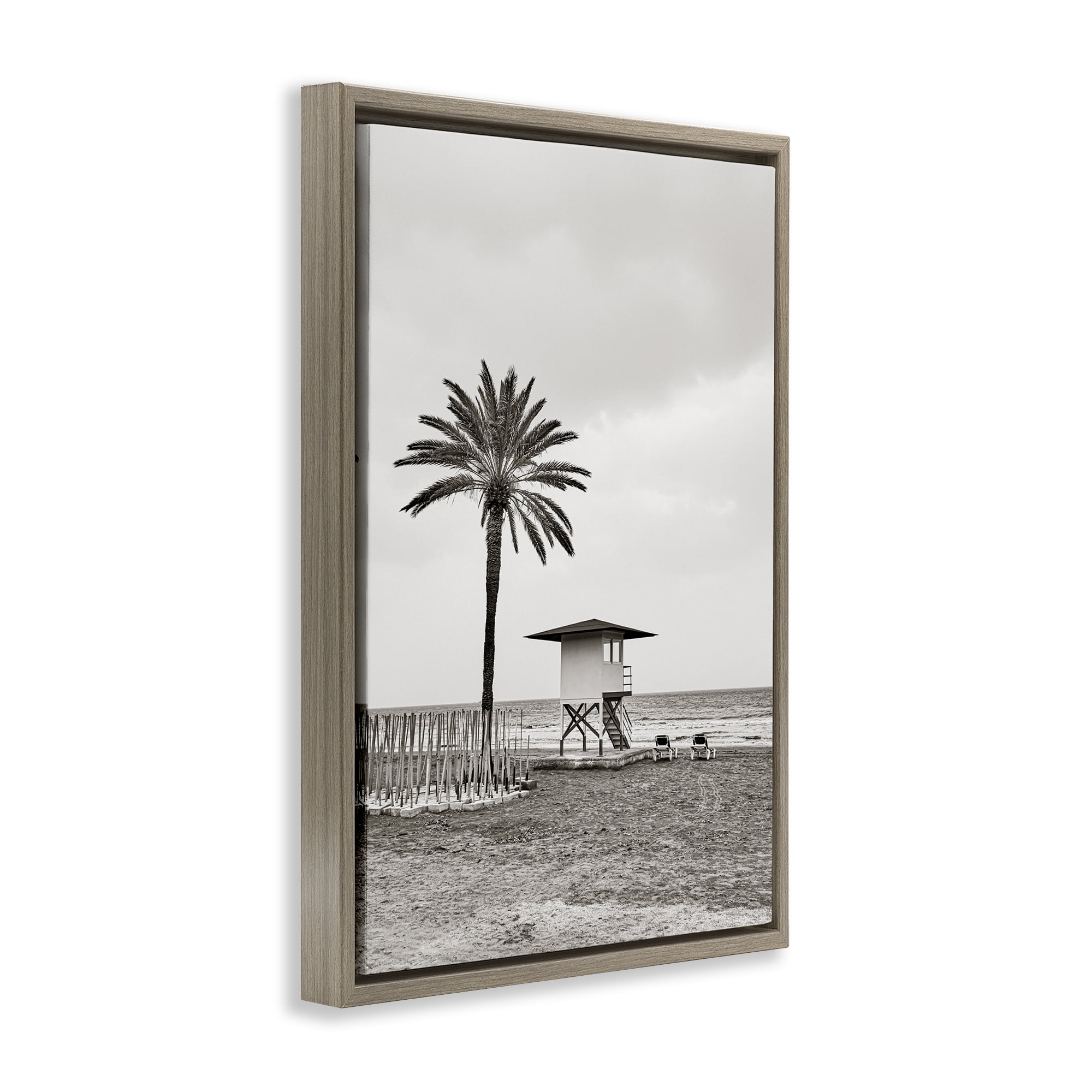Stupell Industries Lifeguard Tower & Palm Landscape & Nature Photography Brown Floater Framed Canvas Art Print Wall Art, 17 x 25
