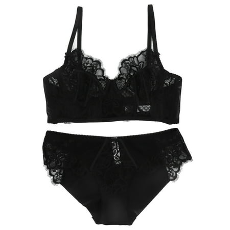 

Underwear Set Lace Bralette Lace Set Underwear Floral Strap V Neck Sheer Panty Set For Women Black 80B