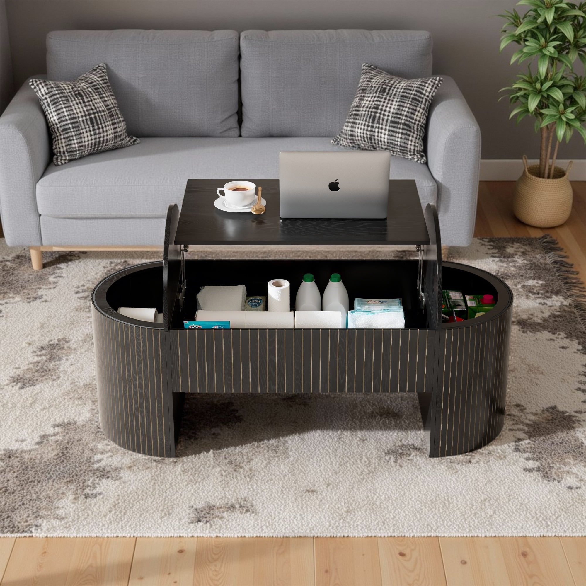 Diubas Oval Lift Top Coffee Table with Hidden Storage, Fluted Coffee Table Center Table for Home Living Room, Black