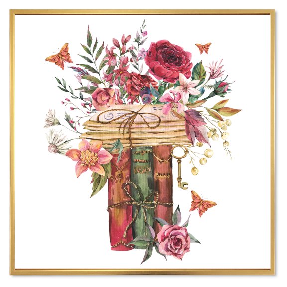 Designart 'Wildflowers With Vintage Old Books' Farmhouse Framed Canvas Wall Art Print