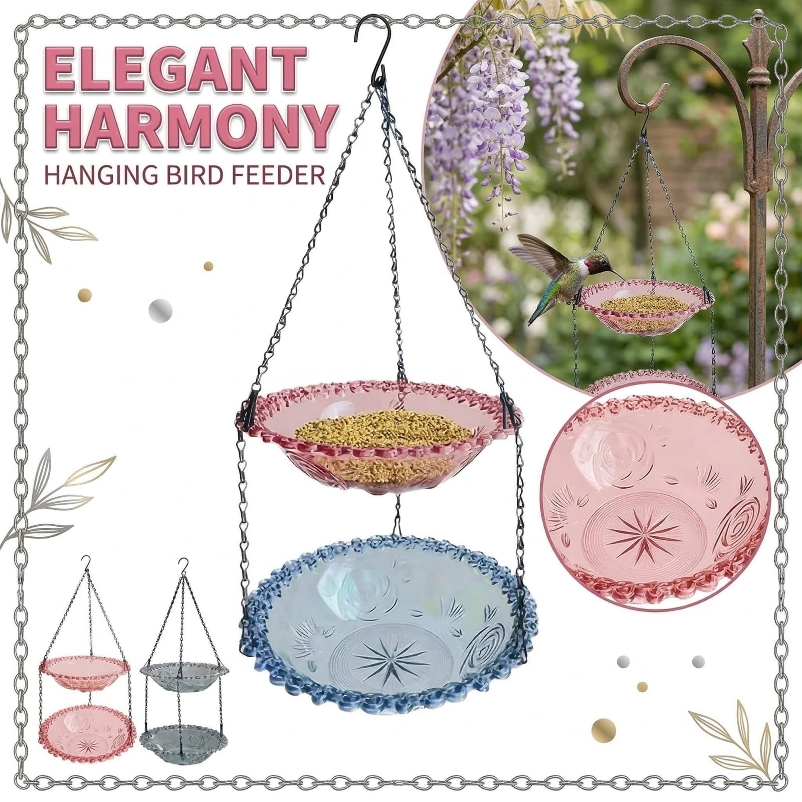 Hanging Bird Feeder Hummingbird Feeder Outdoor Decorative Bird Bathing Basin for Wild Birds Garden Balcony Ornament Glass Bowl with Durable Metal Chains