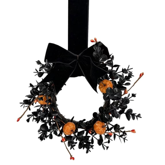 Halloween Wreath for Front Door | Black Eucalyptus Pumpkin Velvet Bow Hanging Wreath, Autumn Fall Berry Home Wall Fireplace Gothic Holiday Party Decoration