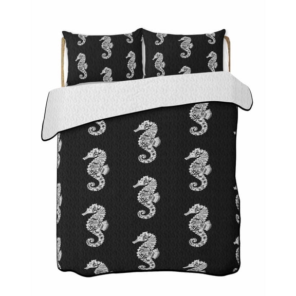Quilts Twin-XL Size Bedding Set, Ocean Seahorse Lightweight Quilted Comforter, Summer Nautical Coastal Textured Black Soft Reversible Bedspread Coverlet with Pillow Covers for All Season, 68" x 98"