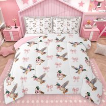 Homewish Cute Bowtie Ribbon Queen Comforter Set,Country Mallard Duck Bedding Sets,Pink White Brown Bedding Comforter Set For Girls Kids,Super Cozy Room Decor Reversible,3 Pieces