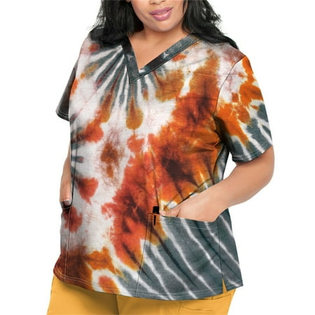 

Sksloeg Spring Printed Scrub Tops for Women Marble Printed Top Short Sleeve V-Neck Shirts Tee Tops with Pockets Nursing Working Uniform Orange L