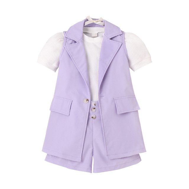 Chaquetas de traje clásico Conjunto de ropa de verano para niñas pequeñas, camisetas acanaladas de manga corta, chaleco, pantalones cortos, 3 uds.,blazer moda(Morado, 4-5 años)