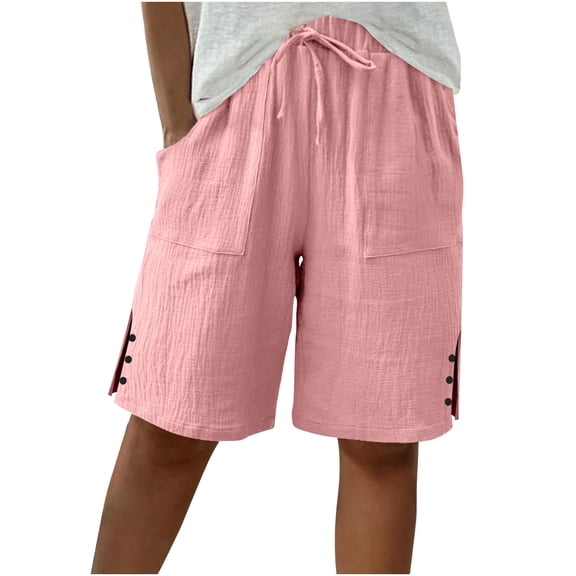 Womens Shorts Cotton Linen Shorts Summer Pants Knee Length Bermuda Loose Fit Side Slit Shorts Baggy Casual Elastic Waist Culottes with Pockets Sports Work Travel Holiday