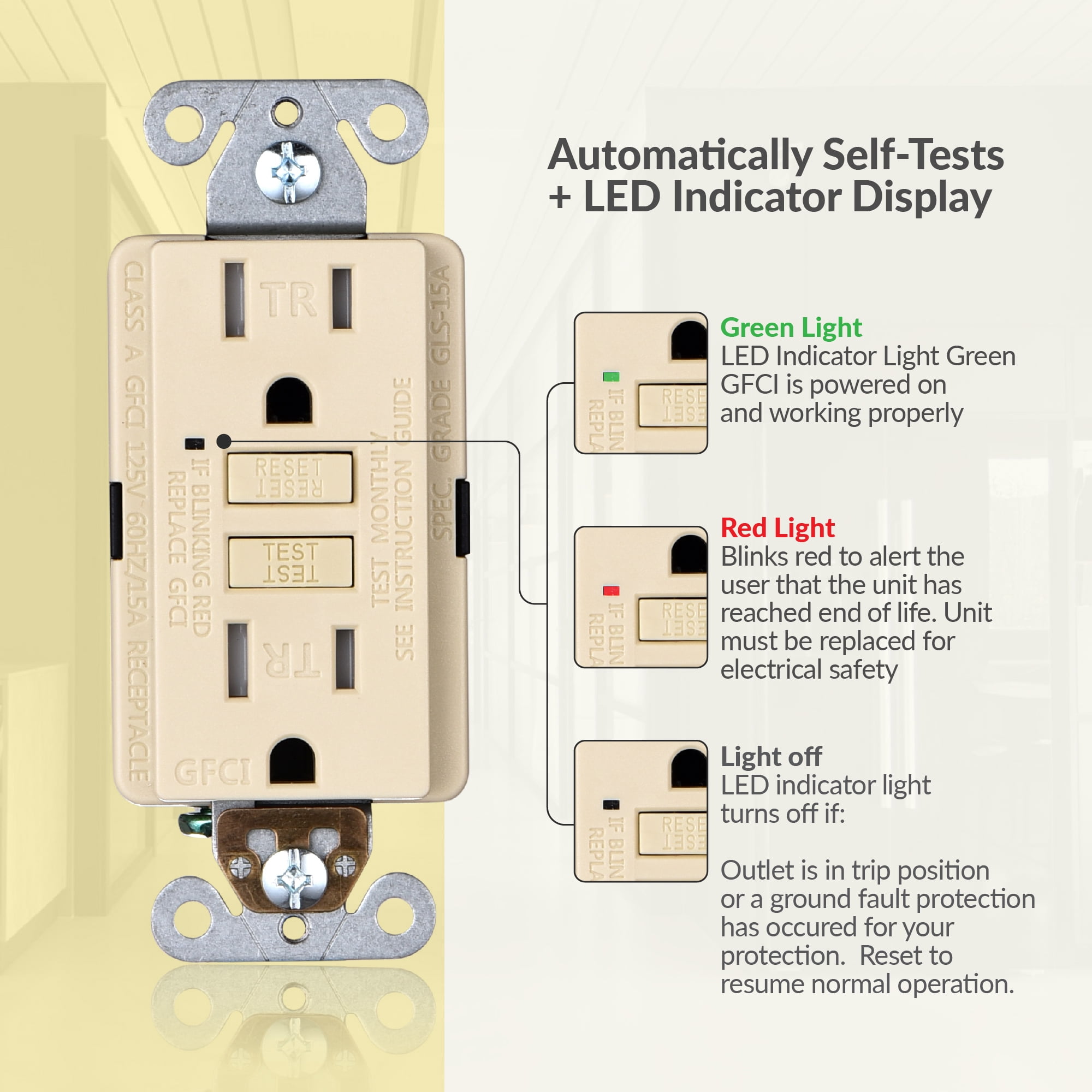 Faith 15A GFCI Outlets, Slim, Tamper-Resistant GFI Receptacles with Wall Plate, Ivory, 10 Pack