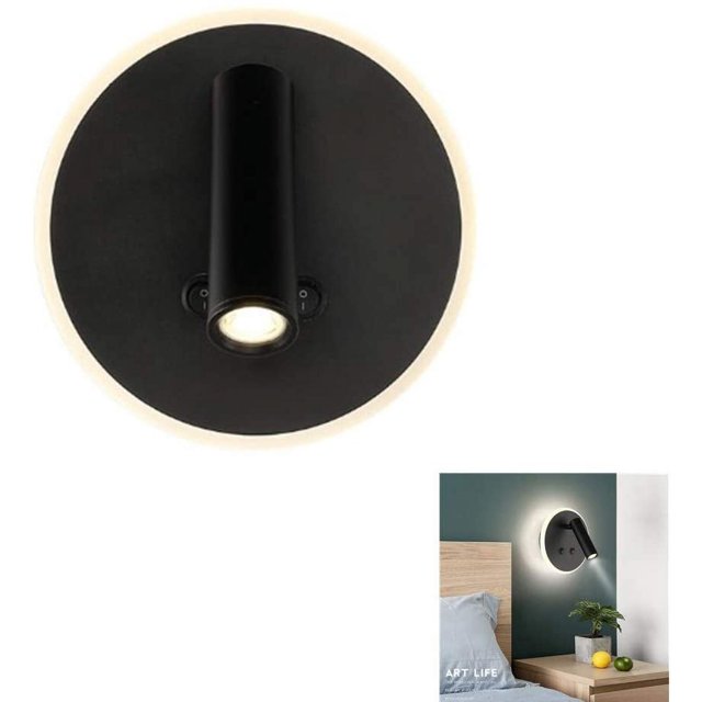Lámpara de pared con luz LED de noche de 7 W + 3 W con interruptores dobles para lectura de libros, luz de pared para lectura en cabecero de loft, lámpara de lectura nocturna de 3000 K