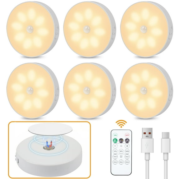 LED Closet Lights Wireless Motion Sensor Puck Light, USB Rechargeable Battery Operated Puck Lights with Remote, Dimmable Under Cabinet Lighting for Wardrobe Kitchen (6 Pack)