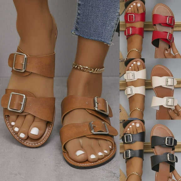 Jacenvly 2024 New Women Wear Belt Buckle Beach Flip-Flops in Summer Beige Sandals for Women