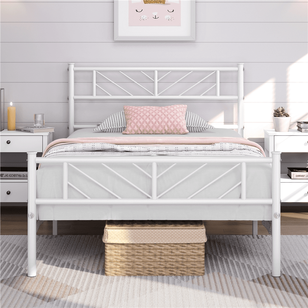 Fullfurnique Metal Adult Platform Bed with Arrow Design Headboard and Footboard, Twin, White