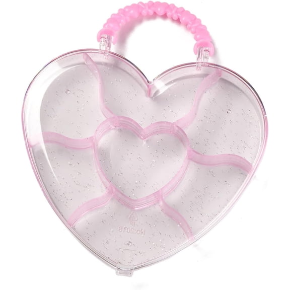 1Pc Heart Shape Plastic Jewelry Box 7 Grids with Beaded Handle Transparent Lid Pink 13.7x14.2x2.2cm for Earrings Rings Beads Storage for DIY
