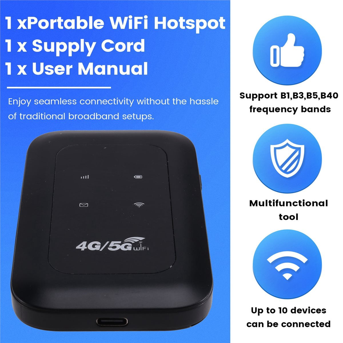 Stable- 4G 5G WiFi Mobile Hotspot 300Mbps Portable WIFI Router Supports 10 Connected Devices for Smartphones Tablets