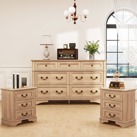 FIAKOA Bedroom Dresser and Nightstand set,Wood Furniture Set for Bedroom with Spacious Storage,3pc,Nature