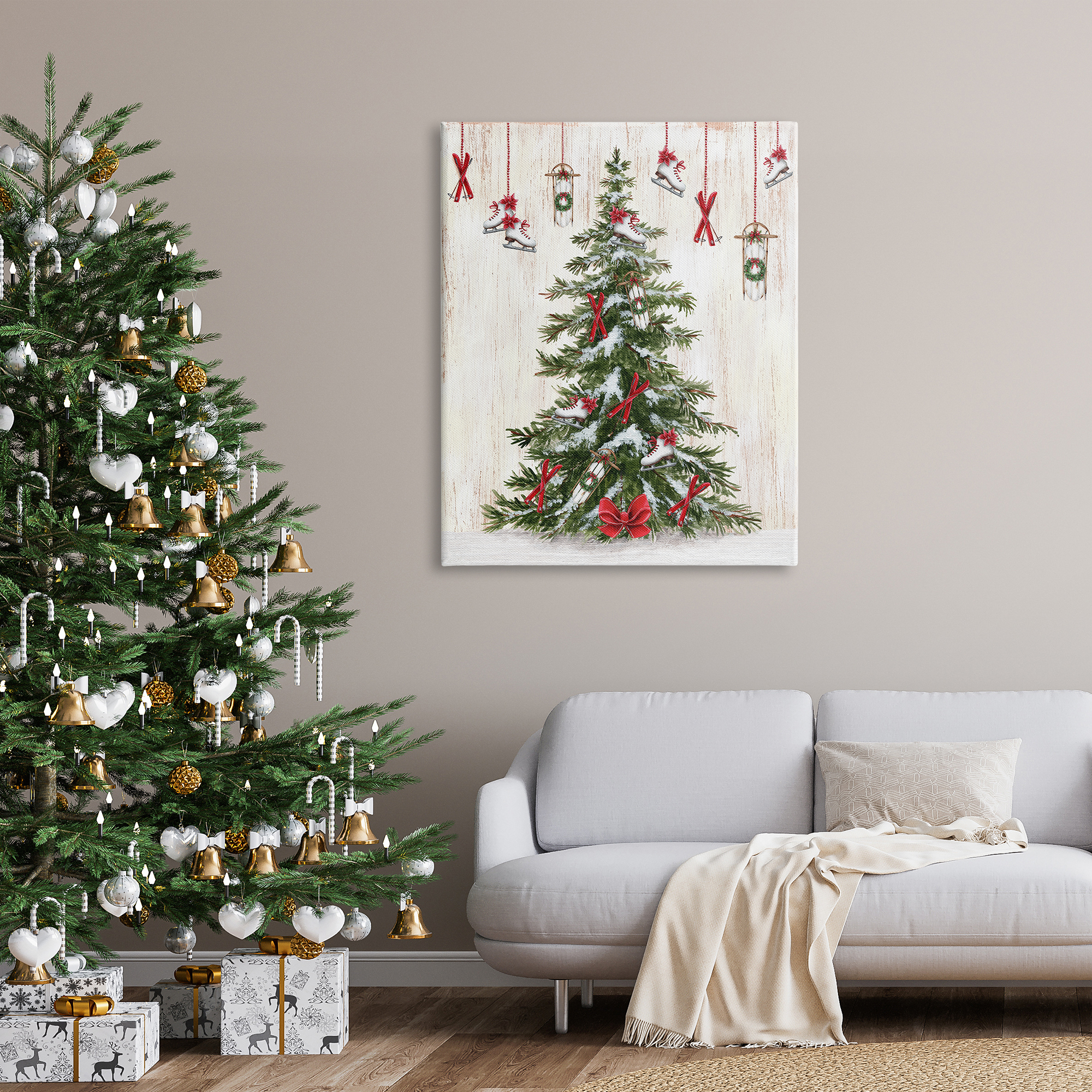 Stupell Industries Ice Skates & Sleds on Tree Holiday Painting Gallery Wrapped Canvas Art Print Wall Art, 36 x 48
