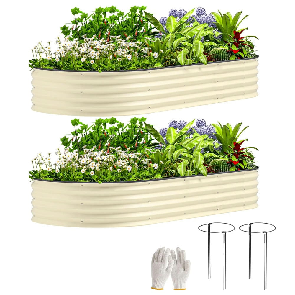 Spaco 7' x 3' x 1' Raised Garden Bed Set, 2-Piece Raised Beds for Gardening with Metal Plant Stakes, Cream White