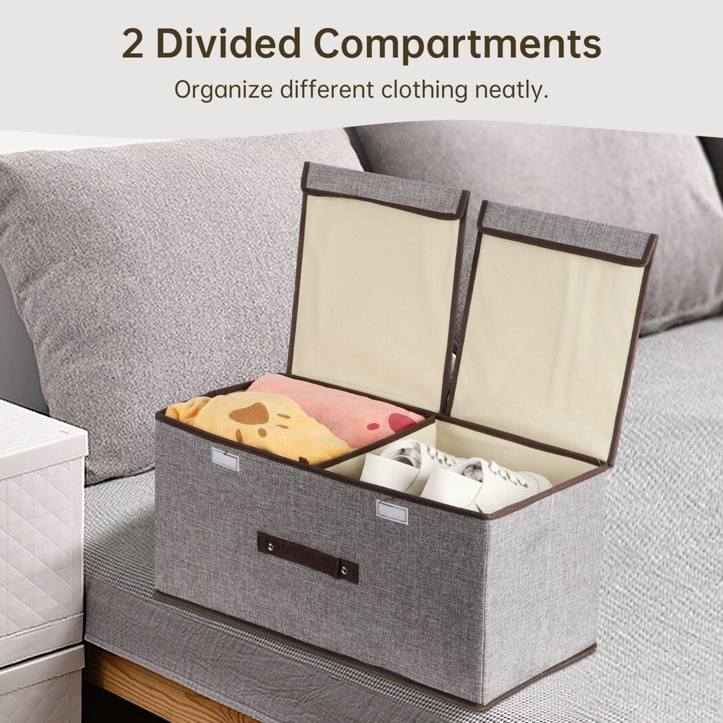 2 Pack Large Storage Boxes with Lids and Handles, Collapsible Linen Storage Bins Organizer Containers Baskets Cube with Removable Divider, Grey