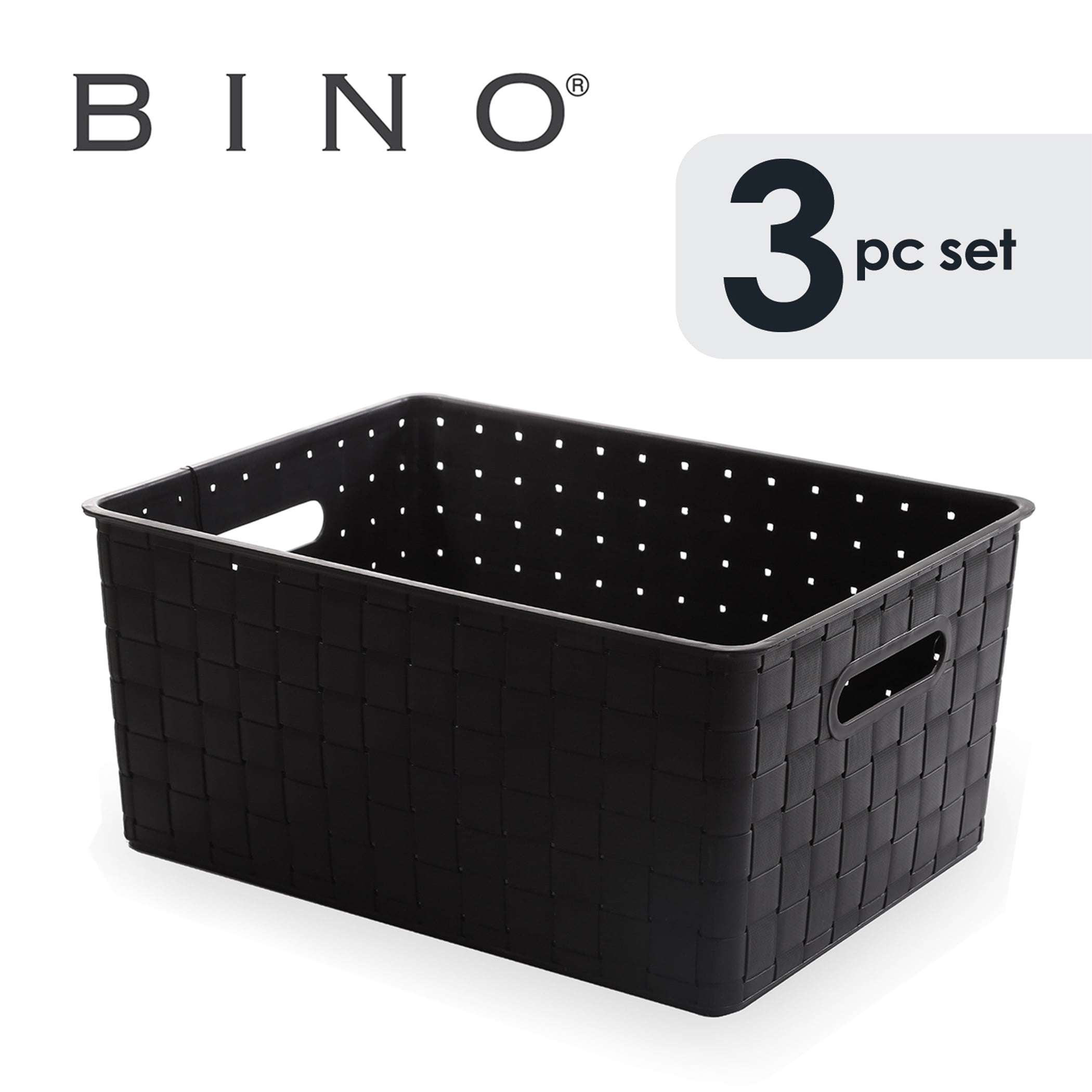 BINO Woven Plastic Storage Basket, Large 3 Pack (Black)