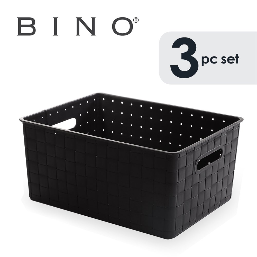 BINO Woven Plastic Storage Basket, Large 3 Pack (Black)
