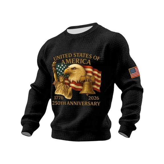USA 250th Anniversary Shirt Mens Round Neck Long Sleeve Tops American Flag Eagle Shirts 250 Years Casual Waffle Pullover