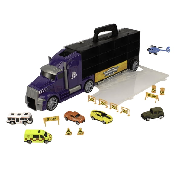 Mighty Motors: Heavy Hauler Carry Case - Blue - 23.5" Truck Storage Case w/ Car Launch, 6 Die-Cast Vehicles Road & Accessories, Toy Kids Ages 3