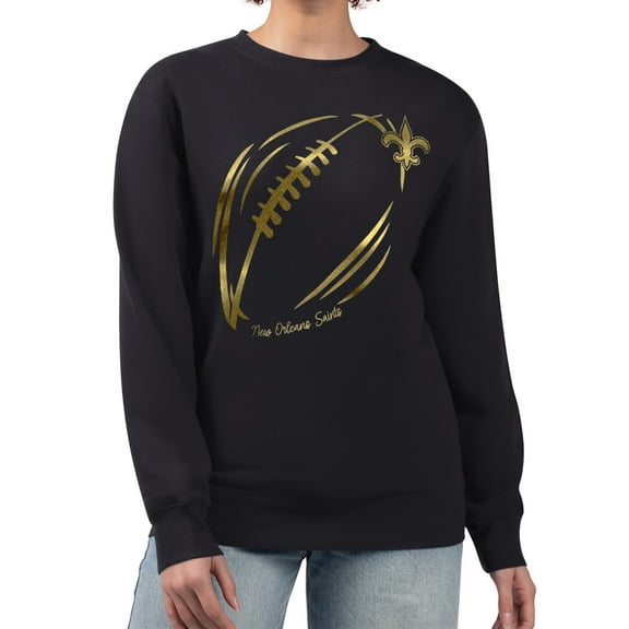 Women's G-III 4Her by Carl Banks Black New Orleans Saints Metallic Print Football Sketch Fleece Crewneck Sweatshirt