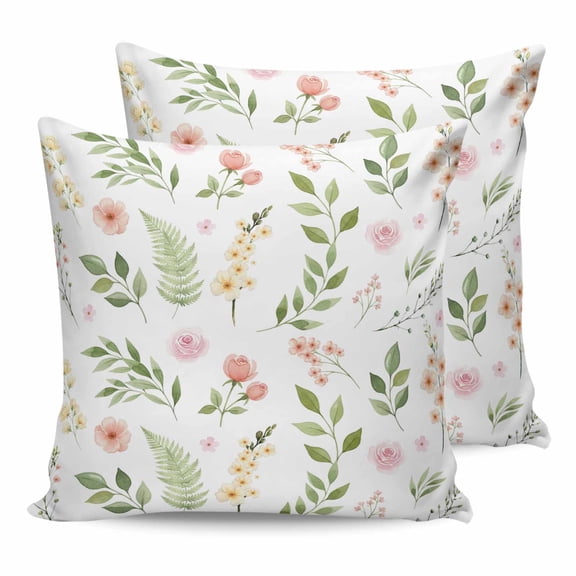 26x26 Pillow Covers Set of 2, Pink Green Botanical Throw Pillow Covers Decorative Couch Cushion Case, Spring Watercolor Floral Leaf Plant Microfiber Square Pillowcases for Bedroom Car Living Room
